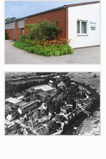 Zwei Fotos: ein Gebäude mit Grünanlage und eine historische Schwarz-Weiß-Aufnahme